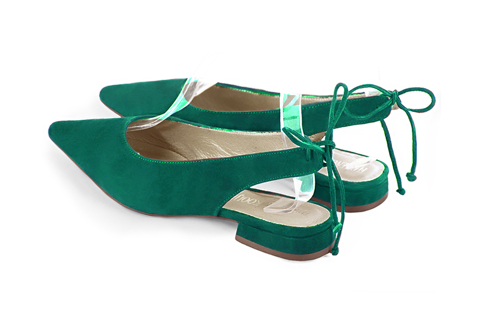 Women's emerald green elegant slingback heels. Pointed toe. Flat flare heels - Rear view